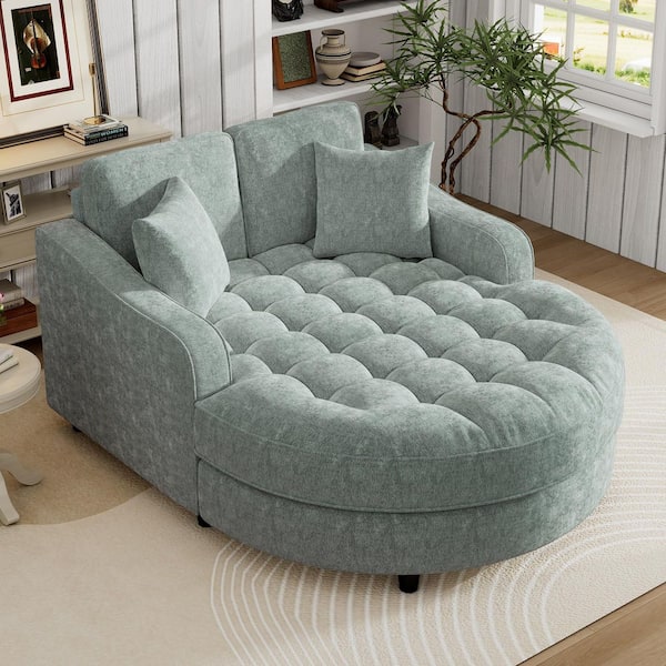 55 in. Rolled Arm Chenille Curved Sofa in. Misty Green with 2 Pillows