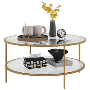 Side Table with Storage, 36" Round End Table, 2-Tier Tempered Glass Coffee Table with Steel Frame, Gold