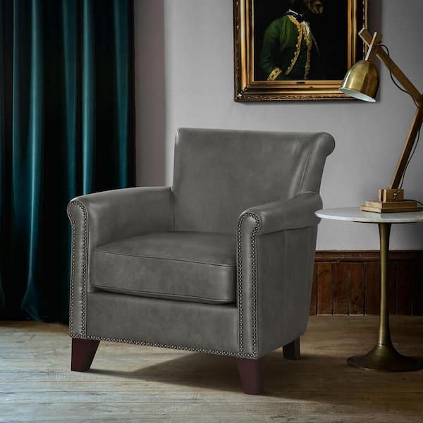 Lazzara Kailee Gray Top Grain Leather Fabric Upholstery Nailhead