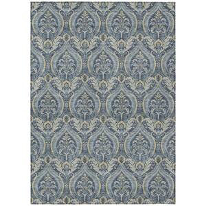 3' X 5' Blue and Gray Damask Indoor Outdoor Area Rug 3' X 5' Blue and Gray Damask Indoor Outdoor Area Rug