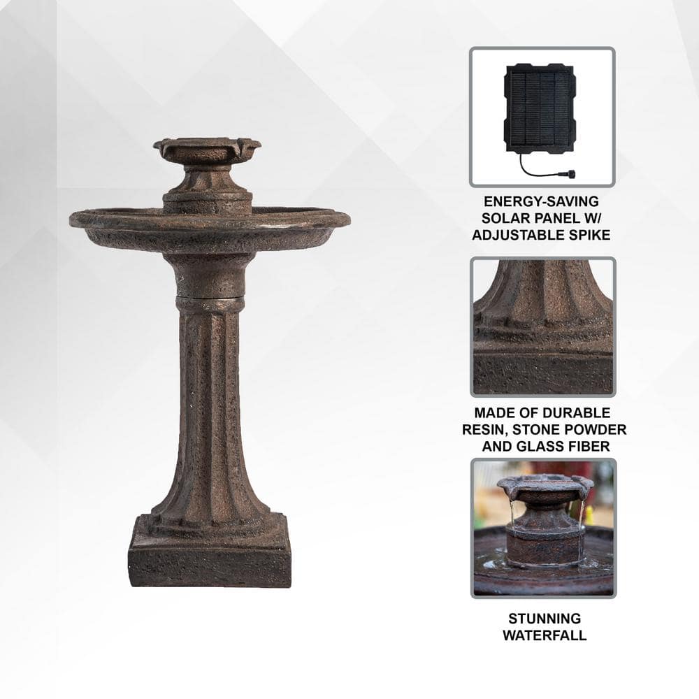 28" Brown Resin Solar Powered Outdoor Birdbath Water Fountain