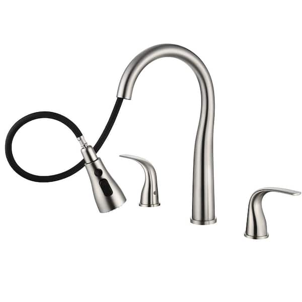 14.6 in H Widespread Dual Handle 360° Spout Swivel Pull Down 3 Modles Sprayer Kitchen Faucet in Brushed Nickel