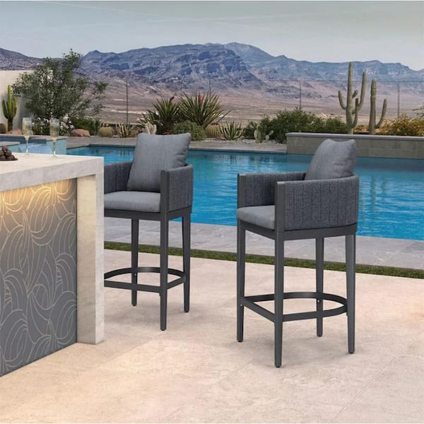 Aluminum Bar Height Outdoor Bar Stool Olefin Weaving Oval Leg with Backrest and Cushion, Gray(2-Pack)
