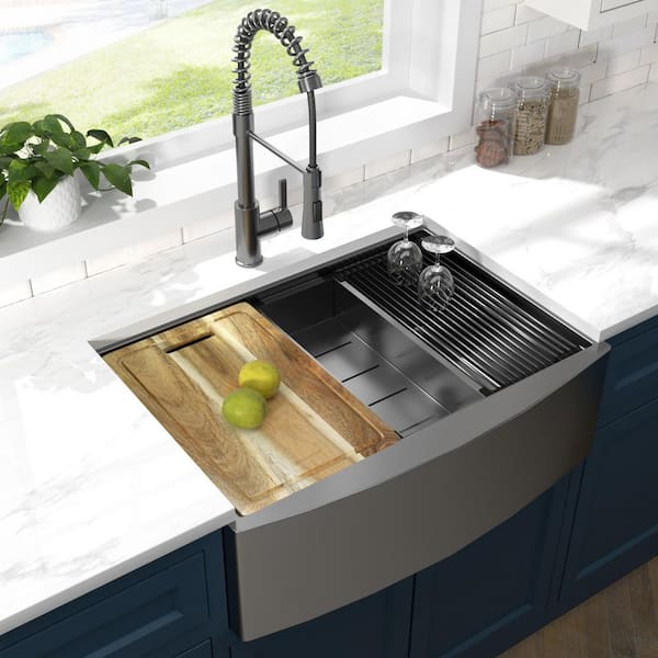 30 in. Farmhouse/Apron-Front Single Bowl 18 Gauge Gunmetal Black Stainless Steel Workstation Kitchen Sink with Faucet