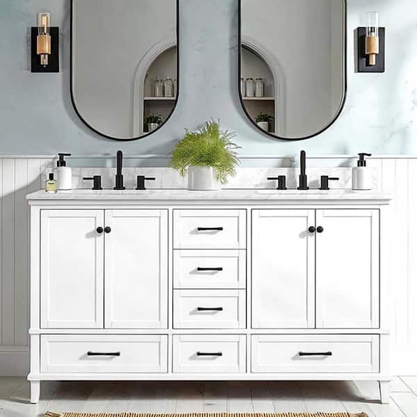 Merryfield 61 in. Double Sink White Bath Vanity with White Carrara Marble Top (Assembled)
