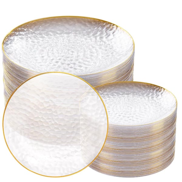 100 Clear Gold Rim Plastic Plates Heavy-Duty Hammered Disposable Plates for Dinner and Dessert Events