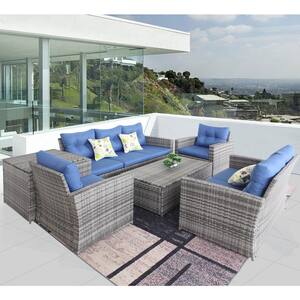 B12 Gray Wicker Outdoor Sectional Set with Blue Cushions