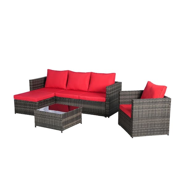 Tenleaf 3-Piece Wicker Patio Conversation Set with Red Cushions, Detachable Lounger and Coffee Table
