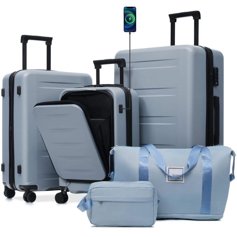LIVACA 5-Piece Blue ABS Plastic Hardside Expandable Front Opening