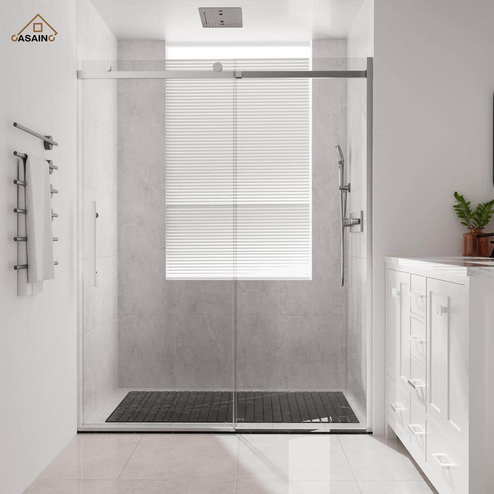 CASAINC 60 in. W x 76 in. H Sliding Frameless Shower Door in Brushed Nickel Finish with Soft-closing and 3/8 in. Tempered Glass