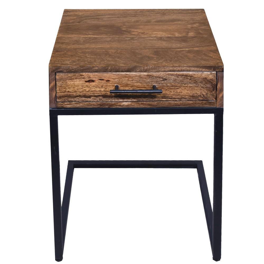 Brown Mango Wood Side Table with Black Iron Base and Drawer