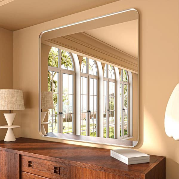 ORGANNICE 48 in. W x 36 in. H Rectangular Aluminum Framed Modern Silver Rounded Wall Mirror