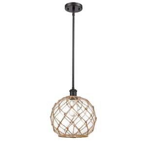 Farmhouse Rope 1-Light Oil Rubbed Bronze Globe Pendant Light with Clear Glass with Brown Rope Glass and Rope Shade