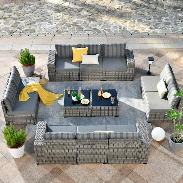 OVIOS Bissty Gray 12-Piece Wicker Wide Arm Patio Conversation Set with Striped Gray Cushions