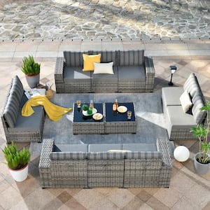 Marvel Gray 12-Piece Wicker Wide Arm Patio Conversation Set with Striped Gray Cushions