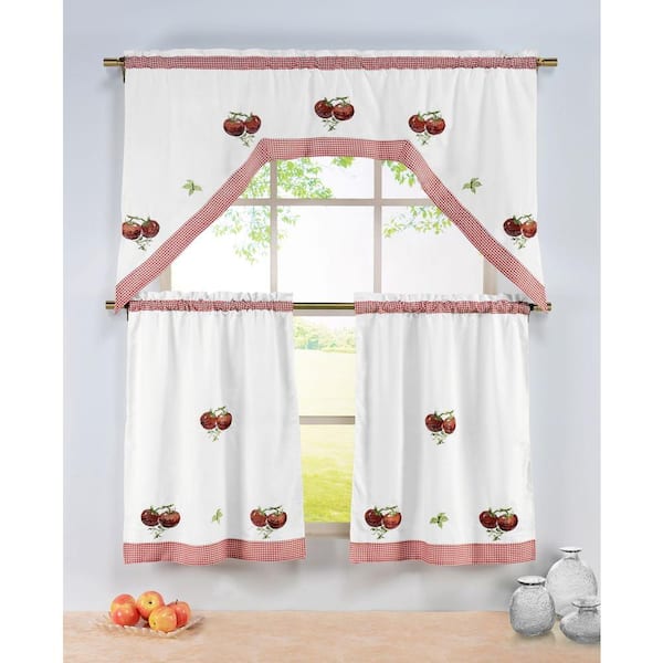 Window Elements Semi-Opaque Tomatoes Embroidered 3-Piece Kitchen Curtain Tier and Valance Set