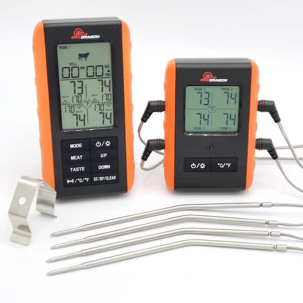 BBQ Dragon 2-Piece Wireless Meat Thermometer with Long Distance Remote and 4 High Temperature Probes