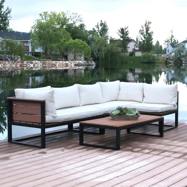Walker Edison Furniture Company 4-Piece Natural All-Weather Outdoor Aluminum Conversation Set with Cream Cushions