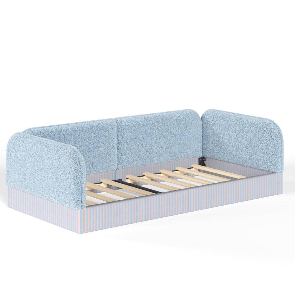 Twin Upholstered Teddy Fleece Floor Bed Frame 77.17 in. Blue Teddy Assembled with Side Guardrails