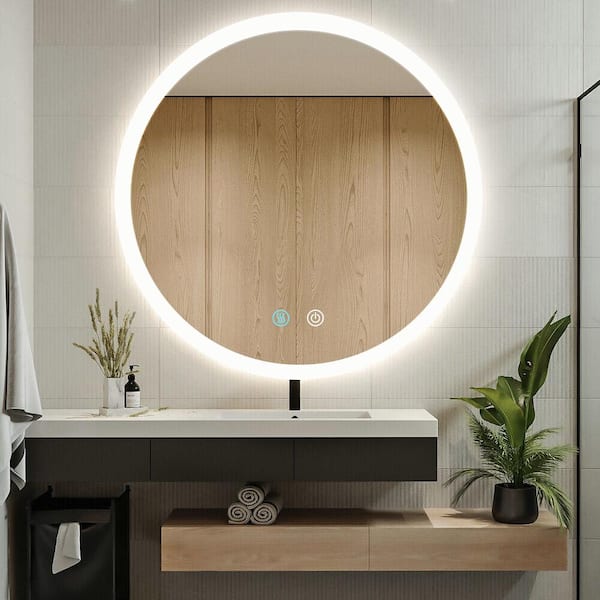 ANGELES HOME 23 in. W x 23 in. H Round Frameless Anti-Fog Touch Button Backlit LED Wall Mounted Bathroom Vanity Mirror in Silver