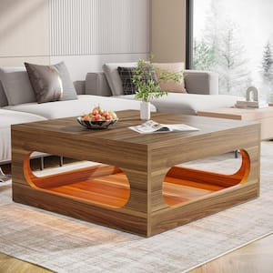 Benjamin 43.31 in. Brown Rectangle Wood Coffee Console Table with LED Light and Storage Living Room Home Office