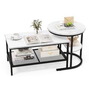 31.5 in. in Black Rectangle Marble Coffee Table Set of 2 with Storage Shelf