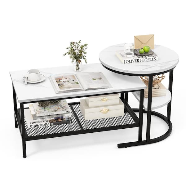 Gymax 31.5 in. in Black Rectangle Marble Coffee Table Set of 2 with Storage Shelf