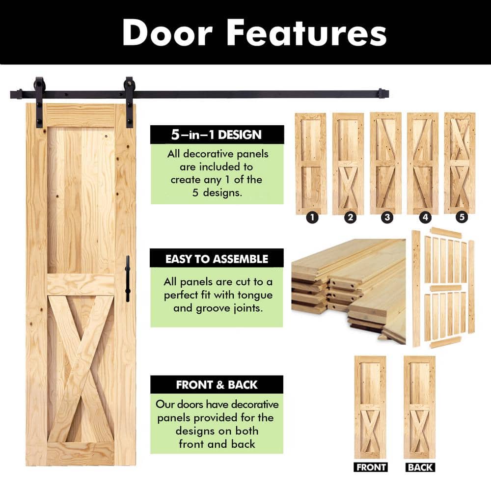 Homacer 84in/80in High Paneled Wood Unfinished Barn Door With Installation Hardware Kit, Door Handle And Soft Close
