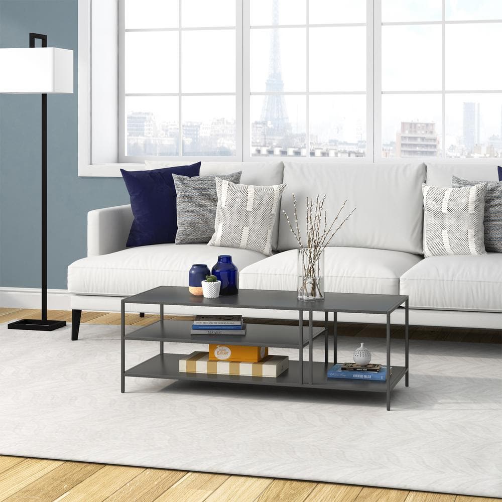 Gunmetal Gray Steel Rectangular Coffee Table with Shelves