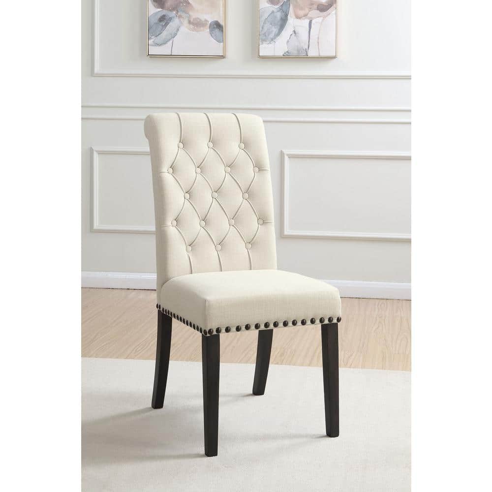 High-Back Beige Linen Upholstered Side Chair with Tufted Detail