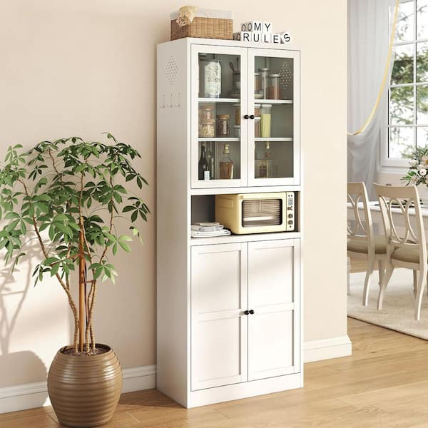 72 in. White Metal Pantry Cabinet with Glass Doors, Heavy Duty Stainless Steel Frame and 4 Adjustable Shelves