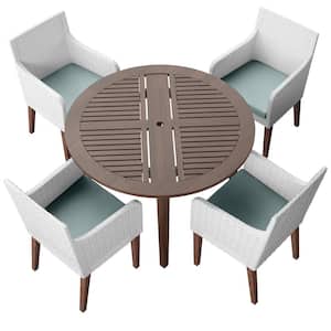 5-Piece Wicker and Acacia Outdoor Dining Set with 4 Dining Armchairs with Spa Cushions