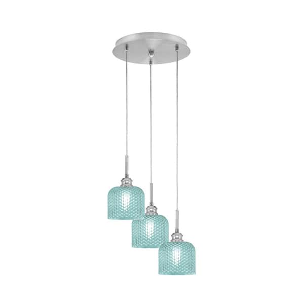Unbranded Savannah 13 in. 3-Light Brushed Nickel Cord Pendant Light Turquoise Textured Glass Shade