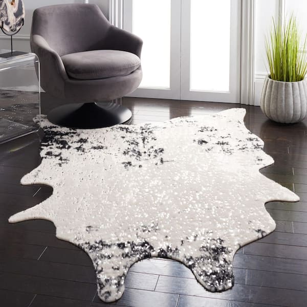 Faux Cow Hide 4 ft. x 5 ft. Beige/Black Flokati High-Low Area Rug