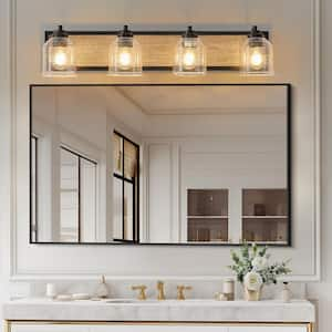 31.5 in. 4-Light Black Farmhouse Vanity Light Fixture with Brown Faux Wood Accent and Seeded Glass Shades