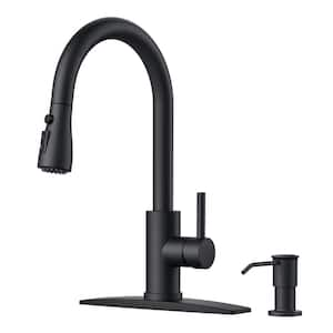 Single Handle Pull Down Sprayer Kitchen Faucet Gooseneck Kitchen Sink Faucet with Soap Dispenser in Matte Black