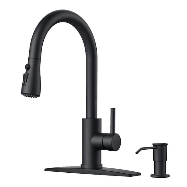 ANZA Single Handle Pull Down Sprayer Kitchen Faucet Gooseneck Kitchen Sink Faucet with Soap Dispenser in Matte Black