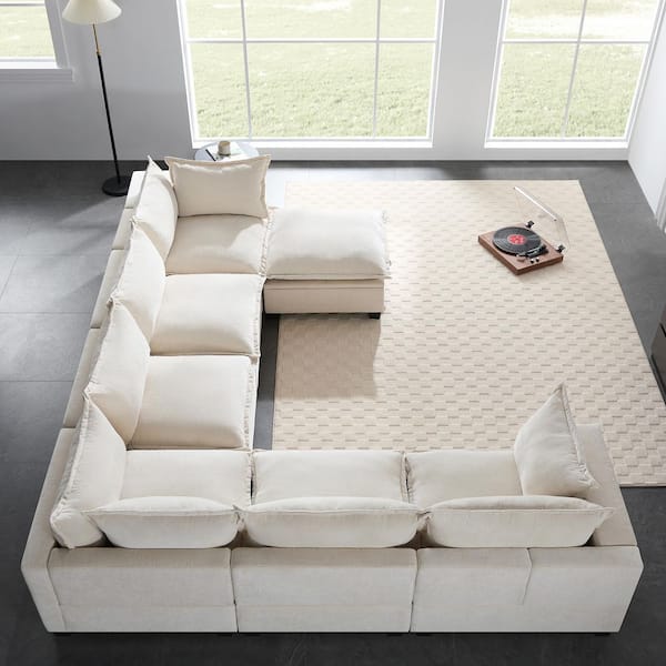 118 in. Modular U Shaped Chenille Free Combination 7 Seat Sectional Sofa in Off White with Movable Storage Ottoman