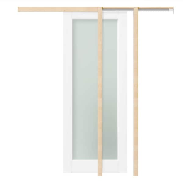32 in. x 80 in. 1-Lite White MDF Tempered Frosted Glass Single Sliding Pocket Door Frame With Hardware Kit