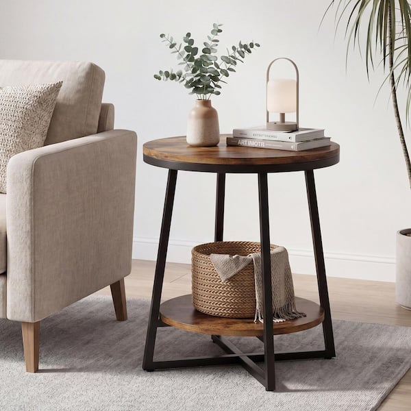 Kerlin 20 in. Rustic Brown Round Wood End Table with 2 Tier Storage Shelf Side Table, Nightstand Bedside Table