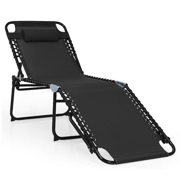 Outdoor Patio Foldable Recline Lounge Chair with Adjustable Backrest and Metal Frame, Black