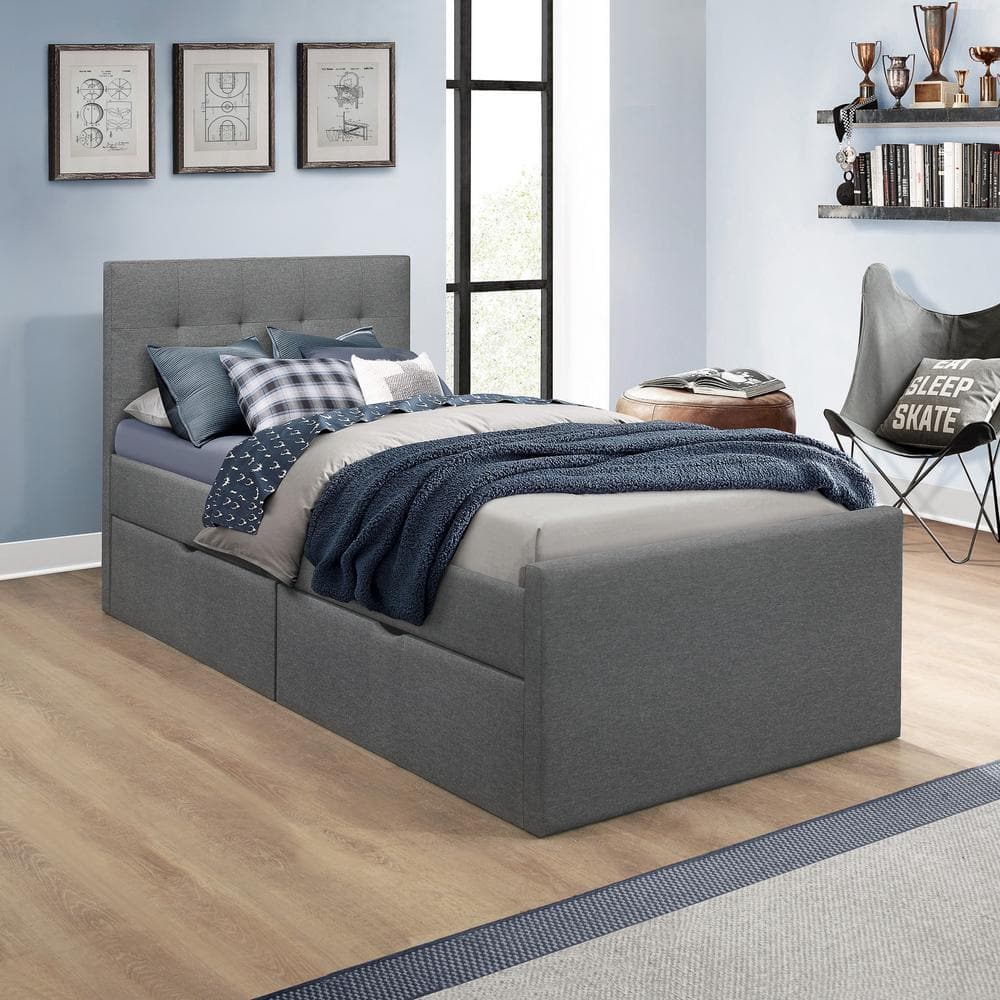 Emory Upholstered Twin Platform Bed with Panel Headboard and 2 Storage Drawers, Charcoal Gray -  Hillsdale Furniture, 2688BTWR2SCH