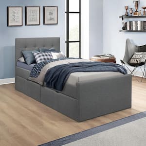 Emory Upholstered Twin Platform Bed with Panel Headboard and 2 Storage Drawers, Charcoal Gray