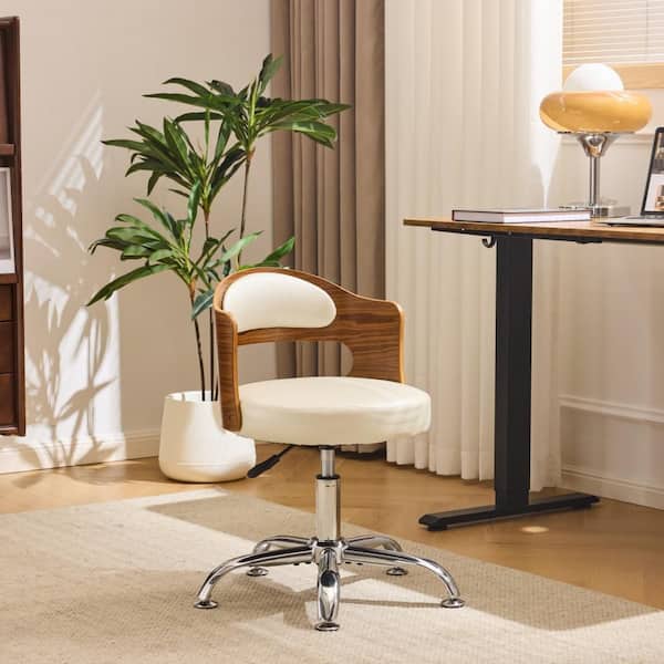 Waxy Leather Fabric Curved Wood Backrest Task Chair in Ivory White with Armless