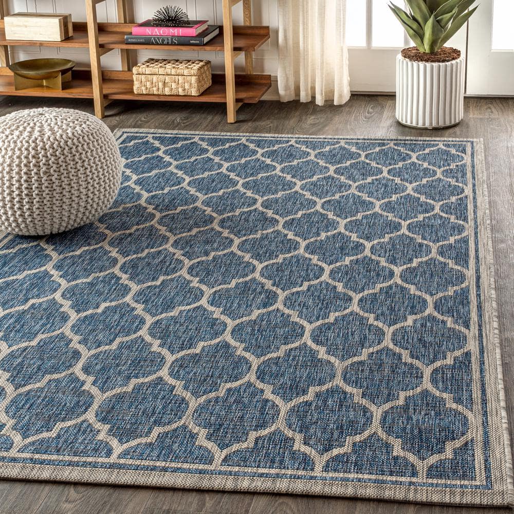 Navy & Gray Synthetic Geometric Square Indoor/Outdoor Rug - 5'