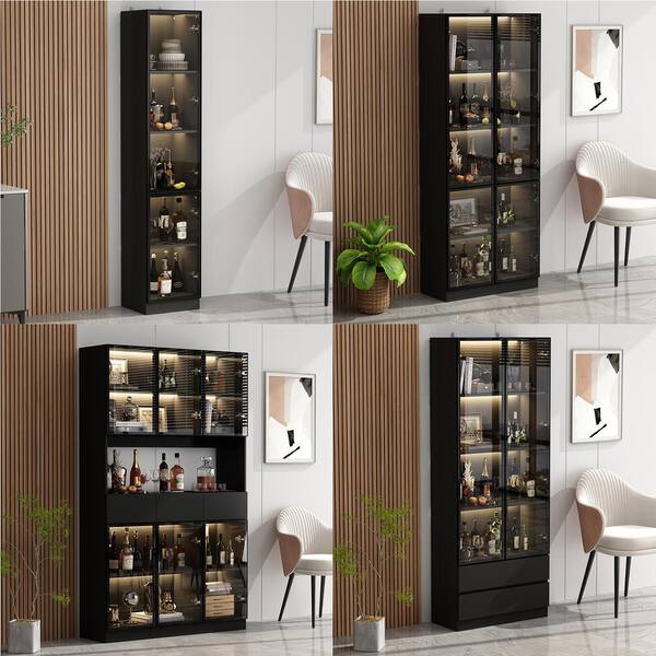 FUFU&GAGA Black Wood Display Cabinet With Tempered Glass Doors and 3-Color  LED Lights KF020275-01-c - The Home Depot