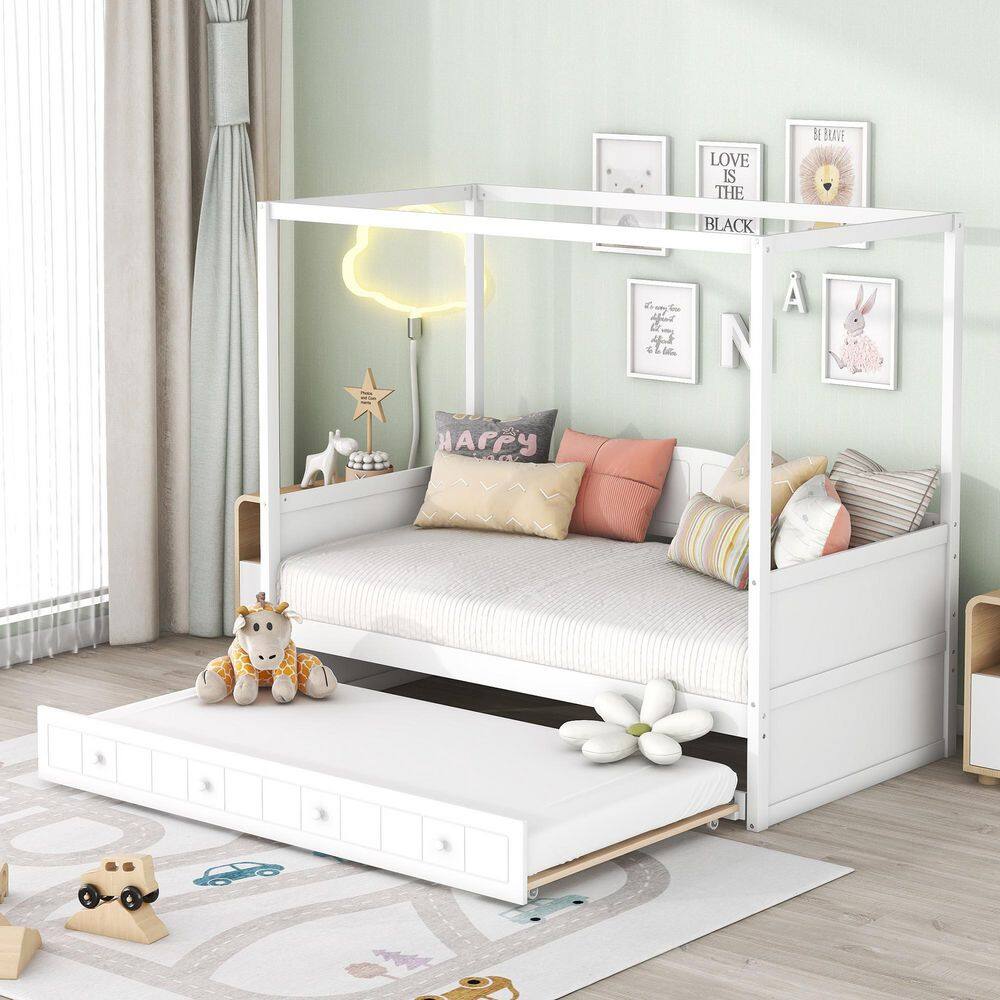 White Wood Frame Twin Size Canopy Bed, Daybed with Trundle - thumbnail 10