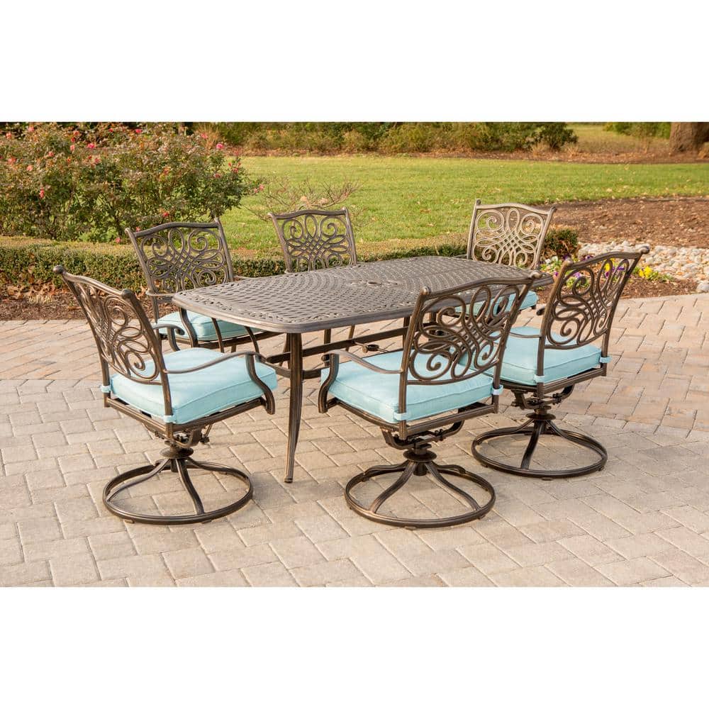 Bronze Aluminum Outdoor Dining Set with Blue Cushions