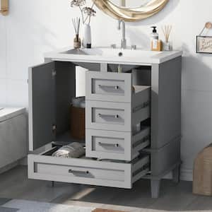 30 in. Practical Bathroom Vanity 3 Drawers Freestanding Cabinet with Soft Closing Door in Gray with White Ceramic Top