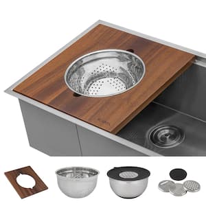 Dual-Tier Wood Platform with 5 Qt. Mixing Bowl and Colander (Complete Set) for Workstation Sinks